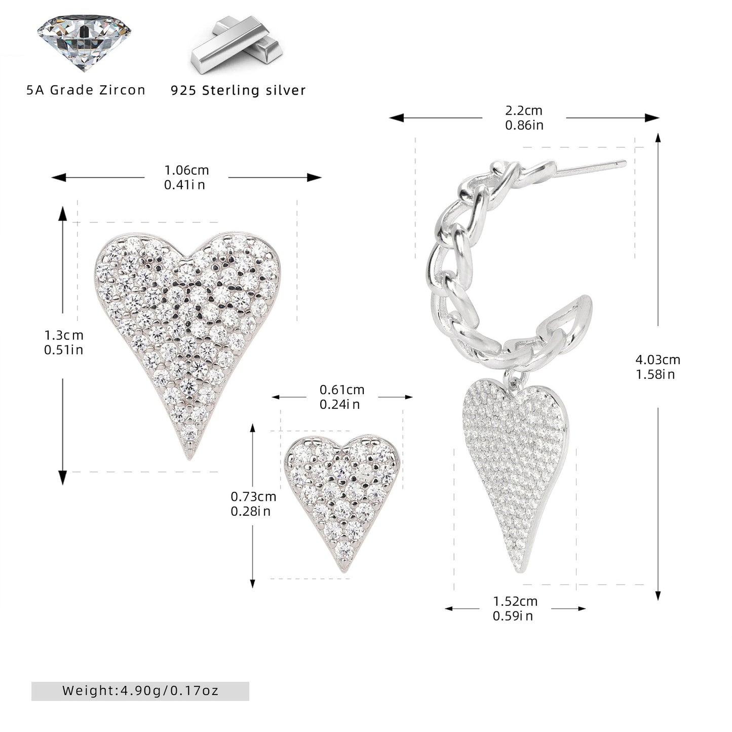 925 Sterling Silver Heart Shape Drop Earrings