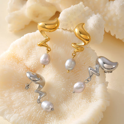 Marine Style Geometric Pearl 18K Gold Plated Earrings