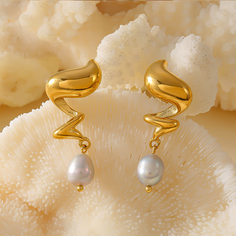 Marine Style Geometric Pearl 18K Gold Plated Earrings