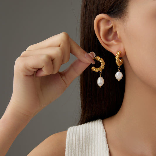 Geometric Inlay Steel Pearl Gold Plated Drop Earrings