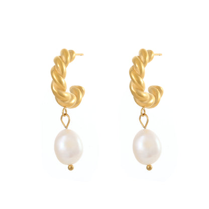 Geometric Inlay Steel Pearl Gold Plated Drop Earrings