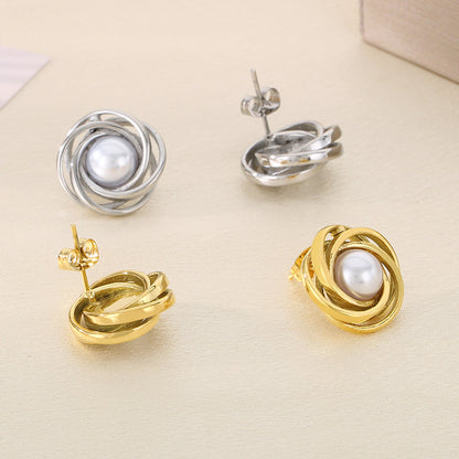 Geometric Knot Style with Pearl Earrings