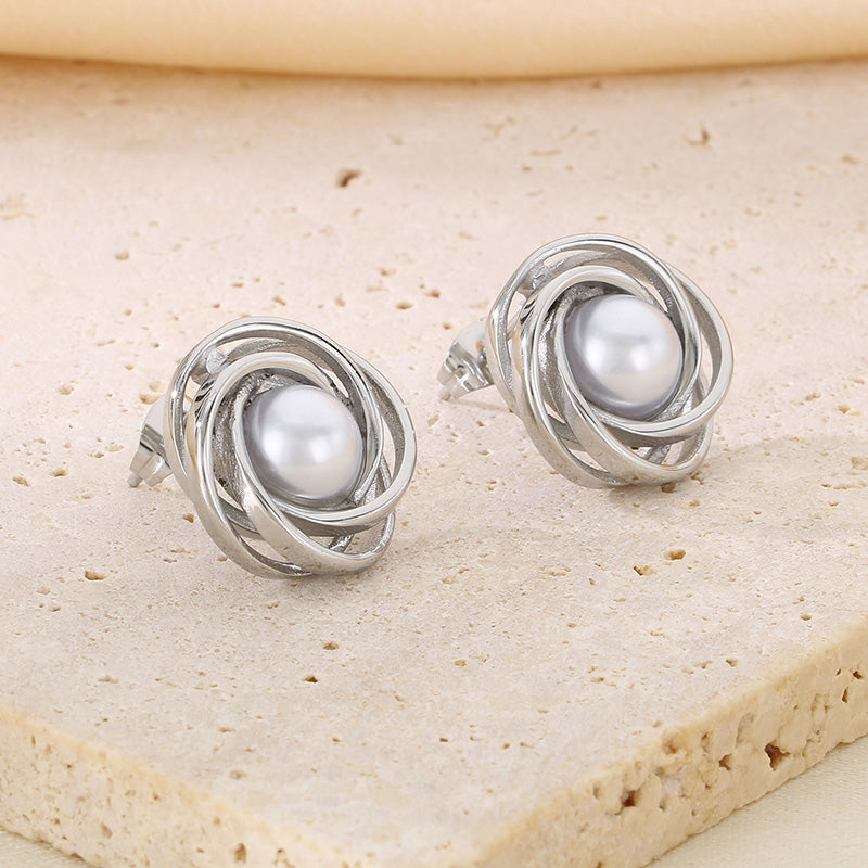 Geometric Knot Style with Pearl Earrings