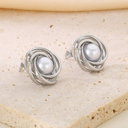 Geometric Knot Style with Pearl Earrings