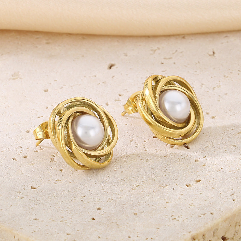 Geometric Knot Style with Pearl Earrings