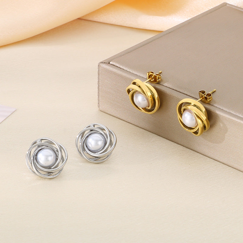 Geometric Knot Style with Pearl Earrings