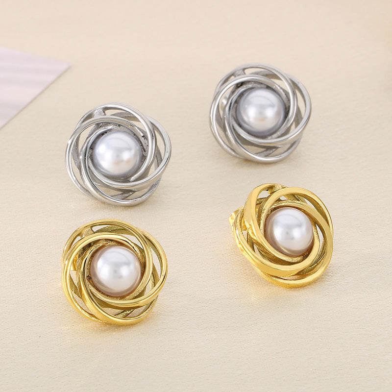 Geometric Knot Style with Pearl Earrings